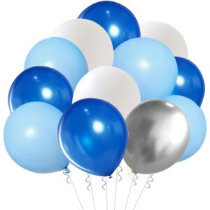 Blue Silver White Latex Balloons, 50pcs 12 inch Royal Blue and Silver Metallic Balloons for Birthday Wedding Party Decoration