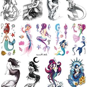 YAKAGO 13 Pieces Mermaid Temporary Tattoos For Women Girls Waterproof Fake Tattoo Stickers