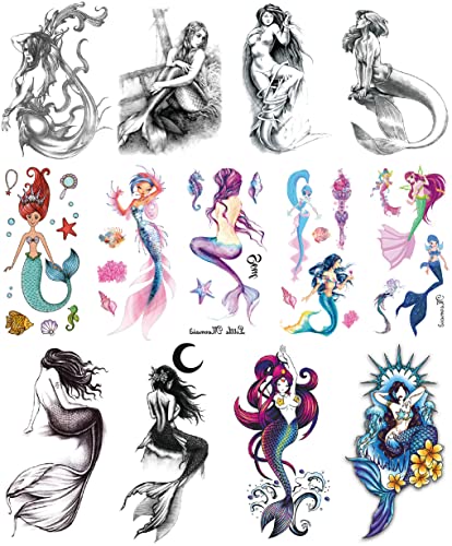 YAKAGO 13 Pieces Mermaid Temporary Tattoos For Women Girls Waterproof Fake Tattoo Stickers