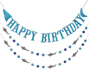 shark happy birthday banner and shark garlands, ocean beach under the sea theme party, shark party supplies (blue)