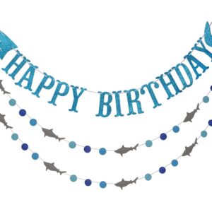 Shark Happy Birthday Banner and Shark Garlands, Ocean Beach Under The Sea Theme Party, Shark Party Supplies (Blue)