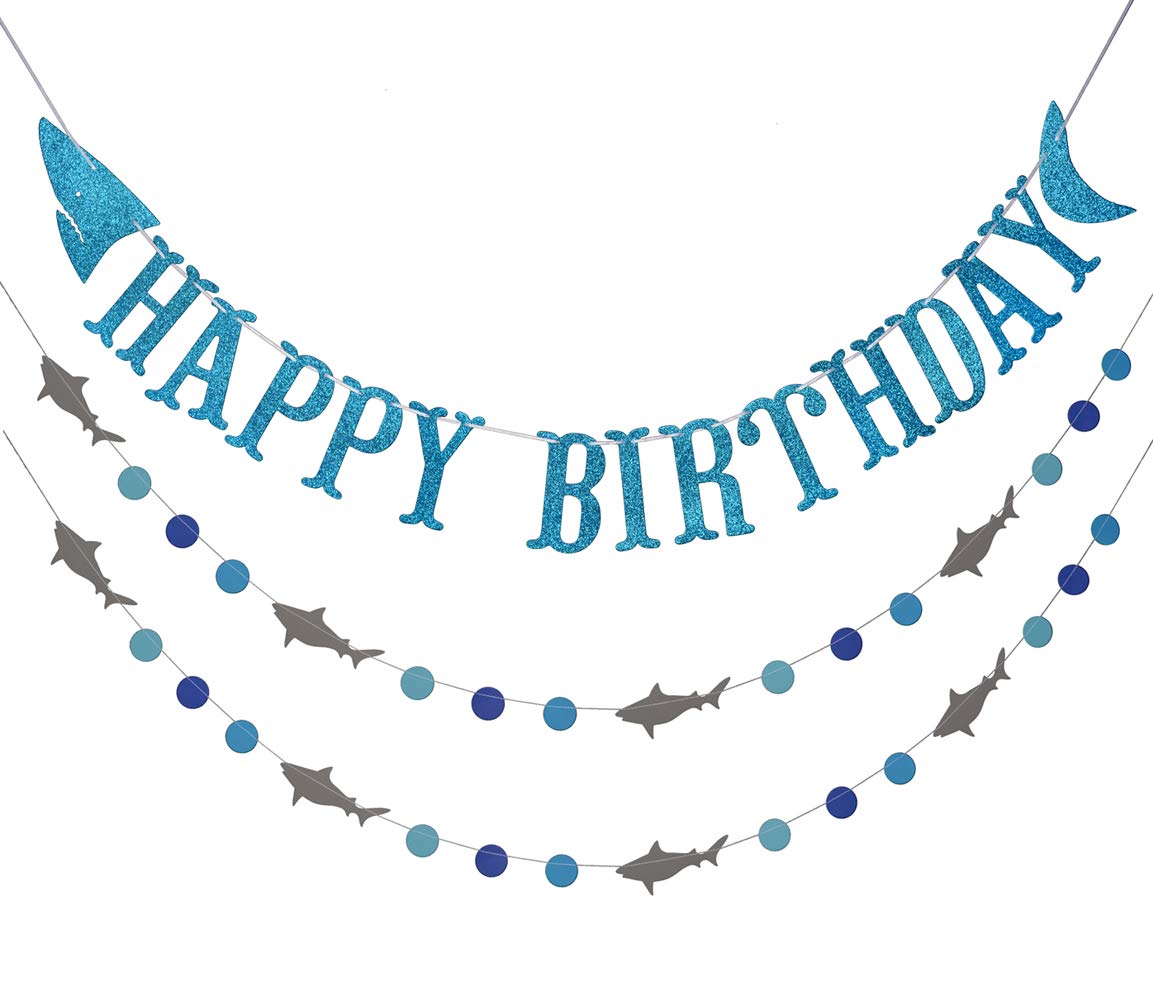 Shark Happy Birthday Banner and Shark Garlands, Ocean Beach Under The Sea Theme Party, Shark Party Supplies (Blue)