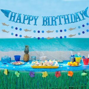 Shark Happy Birthday Banner and Shark Garlands, Ocean Beach Under The Sea Theme Party, Shark Party Supplies (Blue)