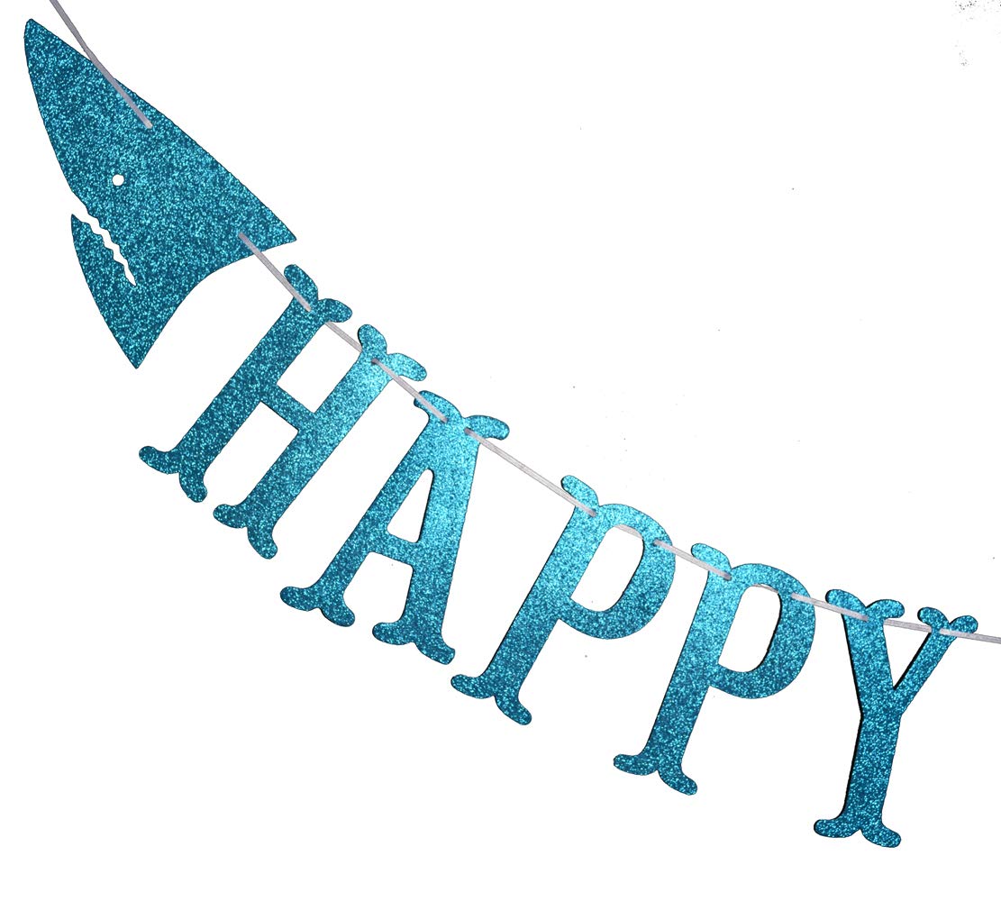 Shark Happy Birthday Banner and Shark Garlands, Ocean Beach Under The Sea Theme Party, Shark Party Supplies (Blue)