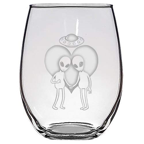 Aliens Holding Hands Flying Saucer Rainbow Heart LGBT Pride - Laser Engraved Stemless Wine Glasses