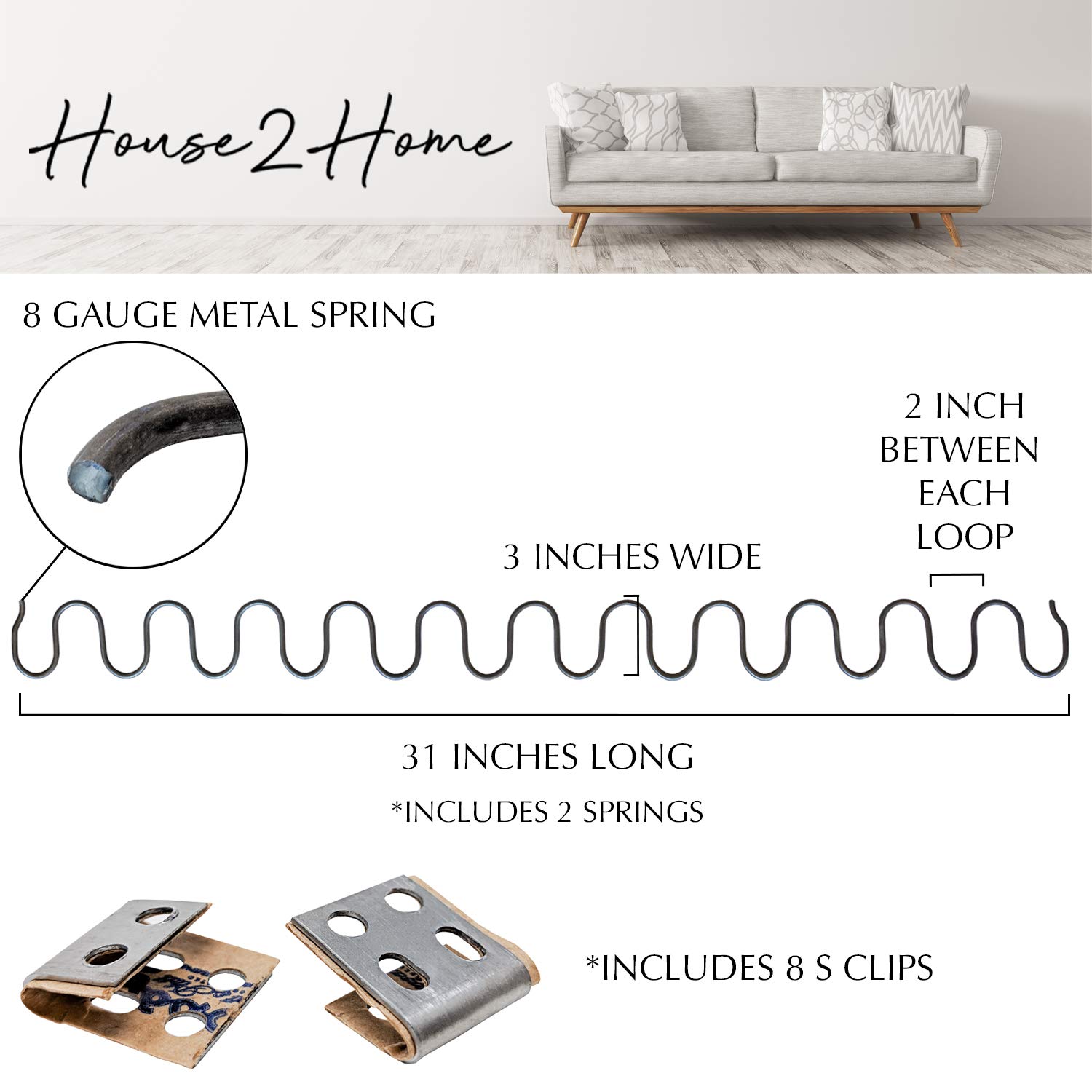 House2Home 31" Sofa Upholstery Spring Replacement, 2pk Repair Kit for Furniture Chair Couch, Includes Clips, Screws and Instructions