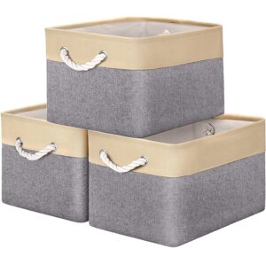 wiselife baskets for organizing [3-pack] collapsible canvas storage bins for toys shoes decorative storage bins for organizing with handles(grey-beige patchwork,15" lx11 wx9.5 h)