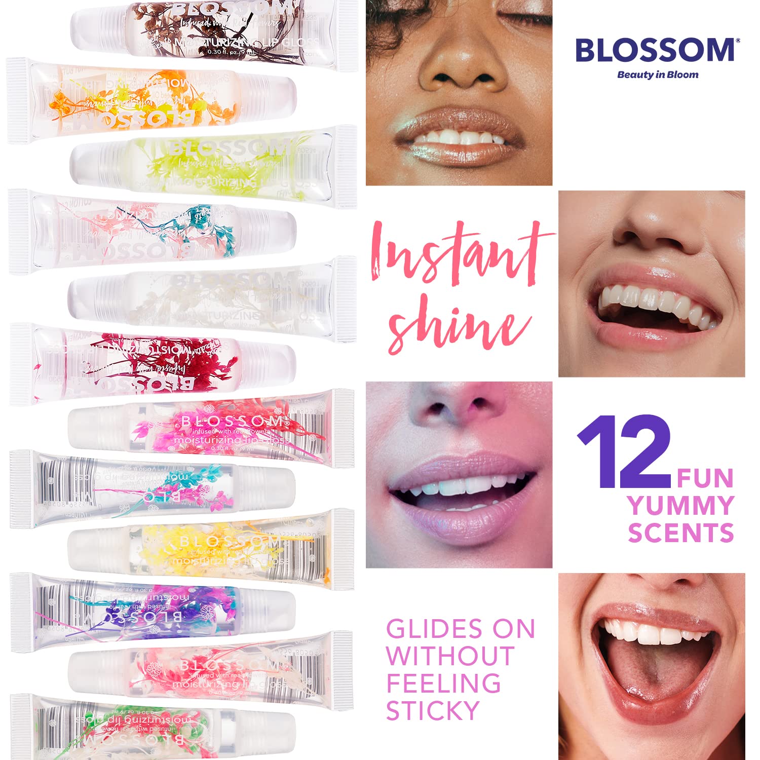 Blossom Scented Moisturizing Lip Gloss Tubes, Infused with Real Flowers, 0.9 fl. oz/27ml, 3 pack Gift Set, Strawberry/Raspberry/Mango