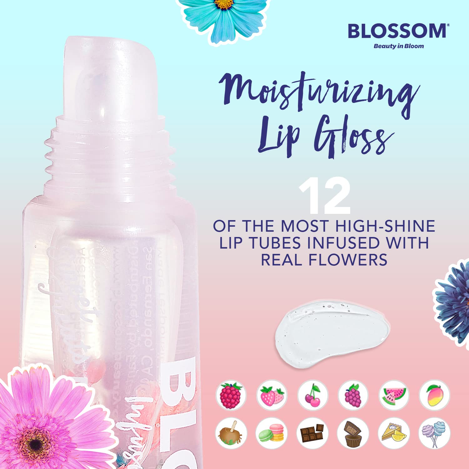 Blossom Scented Moisturizing Lip Gloss Tubes, Infused with Real Flowers, 0.9 fl. oz/27ml, 3 pack Gift Set, Strawberry/Raspberry/Mango