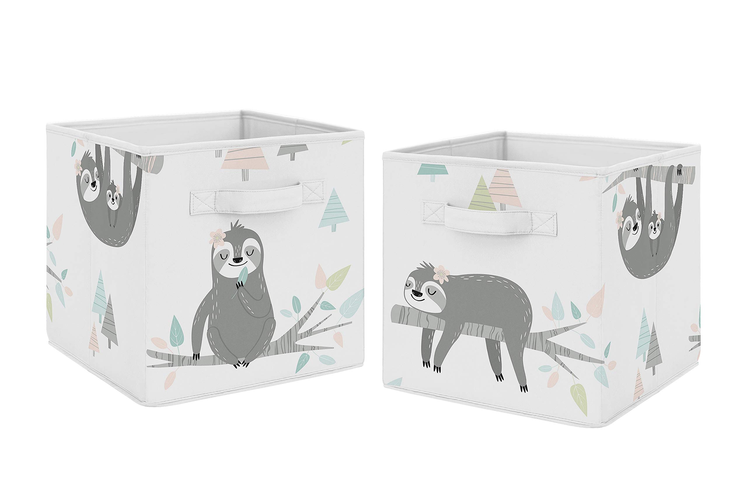 Sweet Jojo Designs Pink and Grey Jungle Sloth Leaf Foldable Fabric Storage Cube Bins Boxes Organizer Toys Kids Baby Childrens - Set of 2 - Blush, Turquoise, Gray, Green Tropical Botanical Rainforest