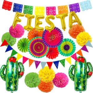 zerodeco fiesta party decoration, multicolor festival mexicano picado banner foil fiesta and cactus balloons paper fan pompoms triangle bunting banner for fiesta mexican cinco de mayo party