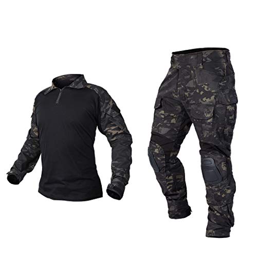 IDOGEAR Men G3 Assault Combat Uniform Set with Knee Pads Multi-camo Camouflage Tactical Airsoft Hunting Paintball Gear (Multi-camo Black, XX-Large)