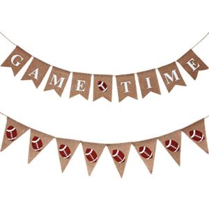 2 pieces football game time banner football bunting banner sports burlap banner rustic football decoration for football theme baby shower gender reveal party