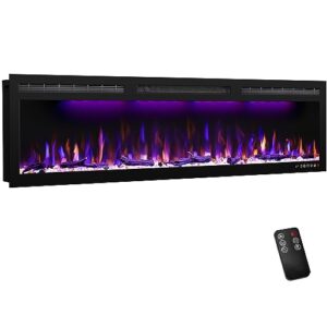 mystflame 60 inch electric fireplace, recessed and wall mounted slim electric fireplace, 750/1500 watt heater fireplace, log & crystal hearth, adjustable realistic flame, remote control & touch screen