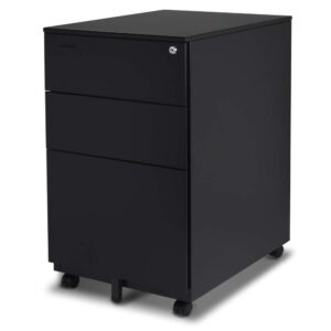 Aurora FC-103BK Modern SOHO Design 3-Drawer Metal Mobile File Cabinet with Lock Key Sliding Drawer, Fully Assembled, Black