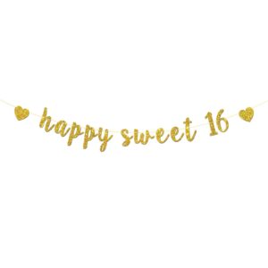 happy sweet 16 banner, 16 and fabulous, cheer to 16 years, gold glitter happy 16th birthday party decorations supplies