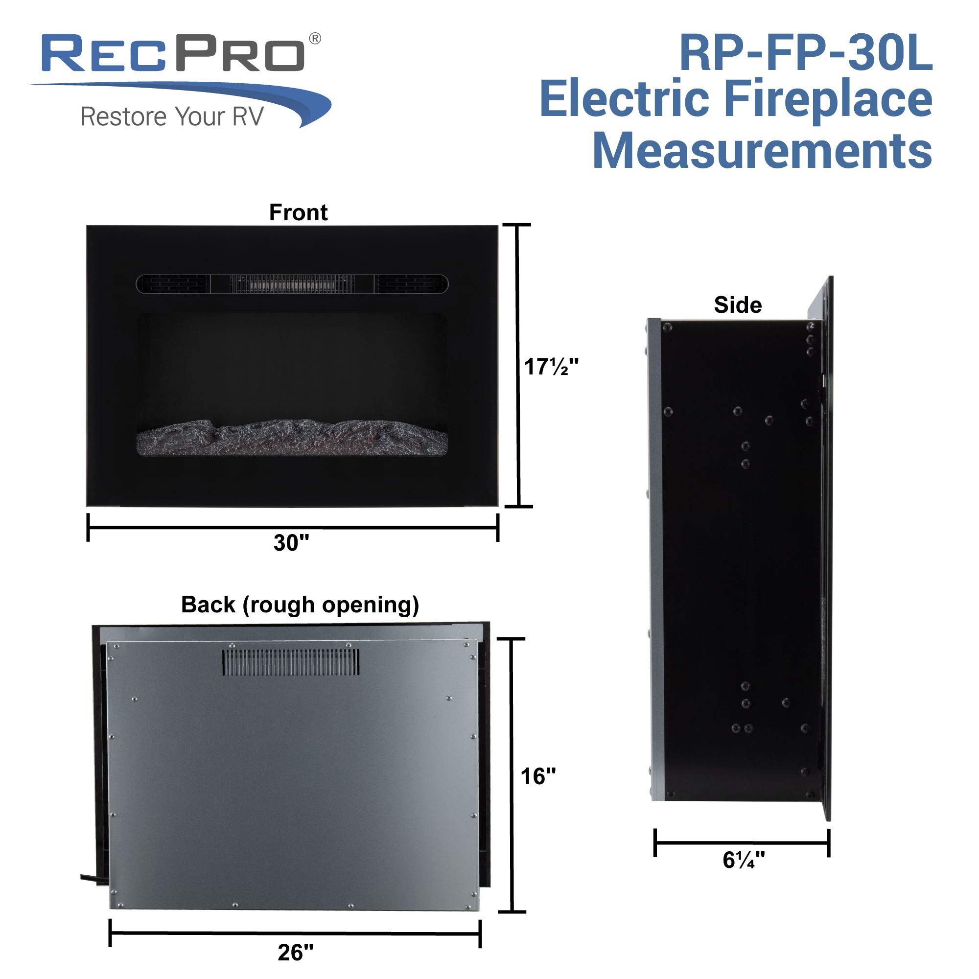 RecPro RV Fireplace 30" | Recessed Electric Fireplace | Glass with Log View | Includes Remote | Three Different Flame Color Options