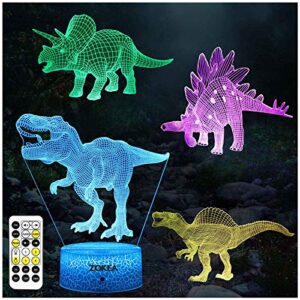 zokea dinosaur toys, dinosaur gifts for boys 7 colors changing 3d dinosaur night light (4 patterns) with timer & remote control & smart touch, gifts for boys girls age 2 3 4 5 6 7 8 year old boy gifts