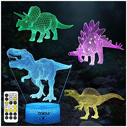 ZOKEA Dinosaur Toys, Dinosaur Gifts for Boys 7 Colors Changing 3D Dinosaur Night Light (4 Patterns) with Timer & Remote Control & Smart Touch, Gifts for Boys Girls Age 2 3 4 5 6 7 8 Year Old Boy Gifts