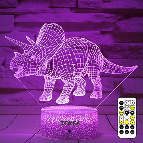 ZOKEA Dinosaur Toys, Dinosaur Gifts for Boys 7 Colors Changing 3D Dinosaur Night Light (4 Patterns) with Timer & Remote Control & Smart Touch, Gifts for Boys Girls Age 2 3 4 5 6 7 8 Year Old Boy Gifts