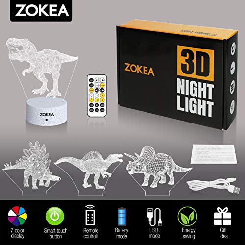 ZOKEA Dinosaur Toys, Dinosaur Gifts for Boys 7 Colors Changing 3D Dinosaur Night Light (4 Patterns) with Timer & Remote Control & Smart Touch, Gifts for Boys Girls Age 2 3 4 5 6 7 8 Year Old Boy Gifts