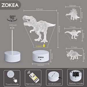 ZOKEA Dinosaur Toys, Dinosaur Gifts for Boys 7 Colors Changing 3D Dinosaur Night Light (4 Patterns) with Timer & Remote Control & Smart Touch, Gifts for Boys Girls Age 2 3 4 5 6 7 8 Year Old Boy Gifts