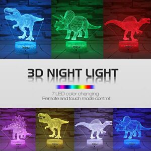 ZOKEA Dinosaur Toys, Dinosaur Gifts for Boys 7 Colors Changing 3D Dinosaur Night Light (4 Patterns) with Timer & Remote Control & Smart Touch, Gifts for Boys Girls Age 2 3 4 5 6 7 8 Year Old Boy Gifts