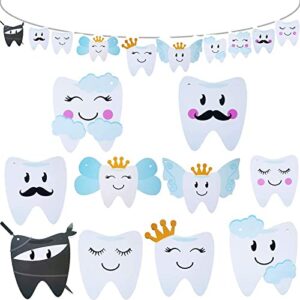 aduck baby shower decorations tooth party banner for boys or girls birthday party, 10 different smilling tooth angel deisgn with cute mustache, cloud and crown.