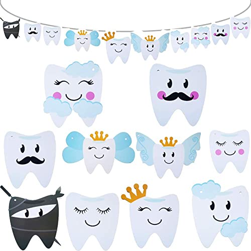 Aduck Baby Shower Decorations Tooth Party Banner for Boys or Girls Birthday Party, 10 Different Smilling Tooth Angel Deisgn with Cute Mustache, Cloud and Crown.