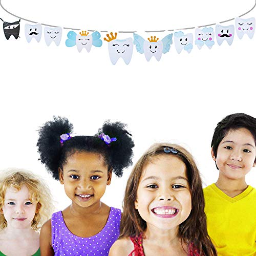 Aduck Baby Shower Decorations Tooth Party Banner for Boys or Girls Birthday Party, 10 Different Smilling Tooth Angel Deisgn with Cute Mustache, Cloud and Crown.