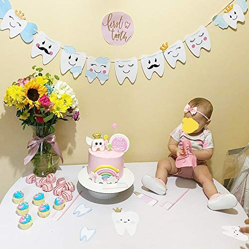 Aduck Baby Shower Decorations Tooth Party Banner for Boys or Girls Birthday Party, 10 Different Smilling Tooth Angel Deisgn with Cute Mustache, Cloud and Crown.