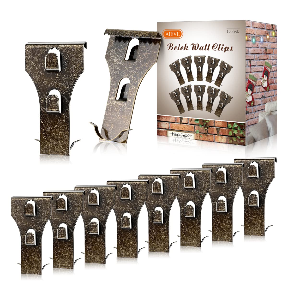 AIEVE Brick Wall Clips for Hanging Outdoors, Brick Hooks Brick Hangers No Drill, Fit 2-1/4 to 2-2/5(10 Pack)