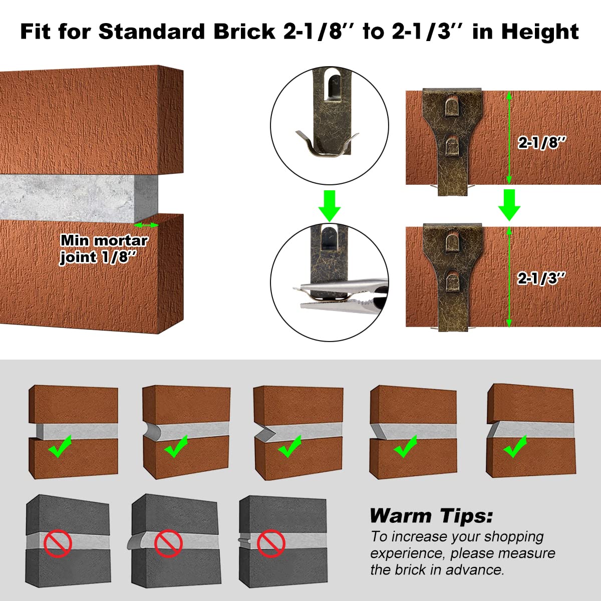 AIEVE Brick Wall Clips for Hanging Outdoors, Brick Hooks Brick Hangers No Drill, Fit 2-1/4 to 2-2/5(10 Pack)