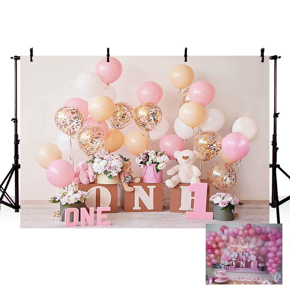 MEHOFOND 7x5ft Pink Gold Balloon First Birthday Party Backdrops for Baby Girl Sweet One Floral Photography Background Portrait Photo Studio Decoration Photo Banner Props for Cake Smash