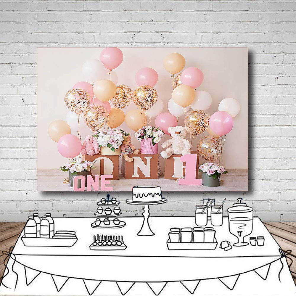 MEHOFOND 7x5ft Pink Gold Balloon First Birthday Party Backdrops for Baby Girl Sweet One Floral Photography Background Portrait Photo Studio Decoration Photo Banner Props for Cake Smash