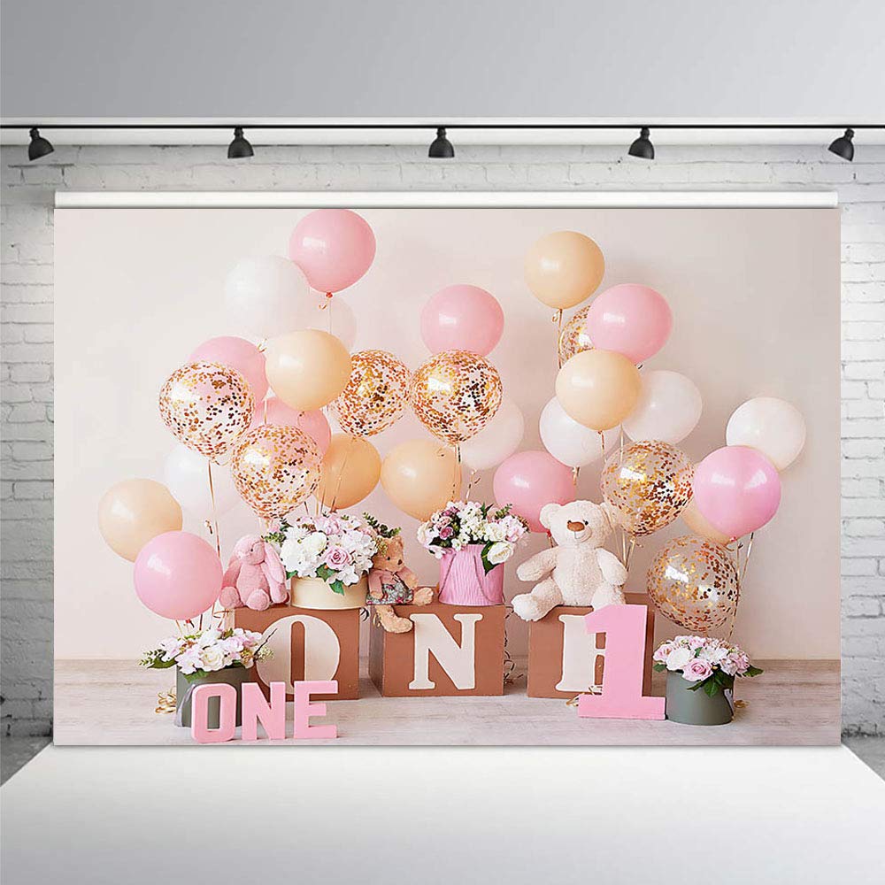 MEHOFOND 7x5ft Pink Gold Balloon First Birthday Party Backdrops for Baby Girl Sweet One Floral Photography Background Portrait Photo Studio Decoration Photo Banner Props for Cake Smash