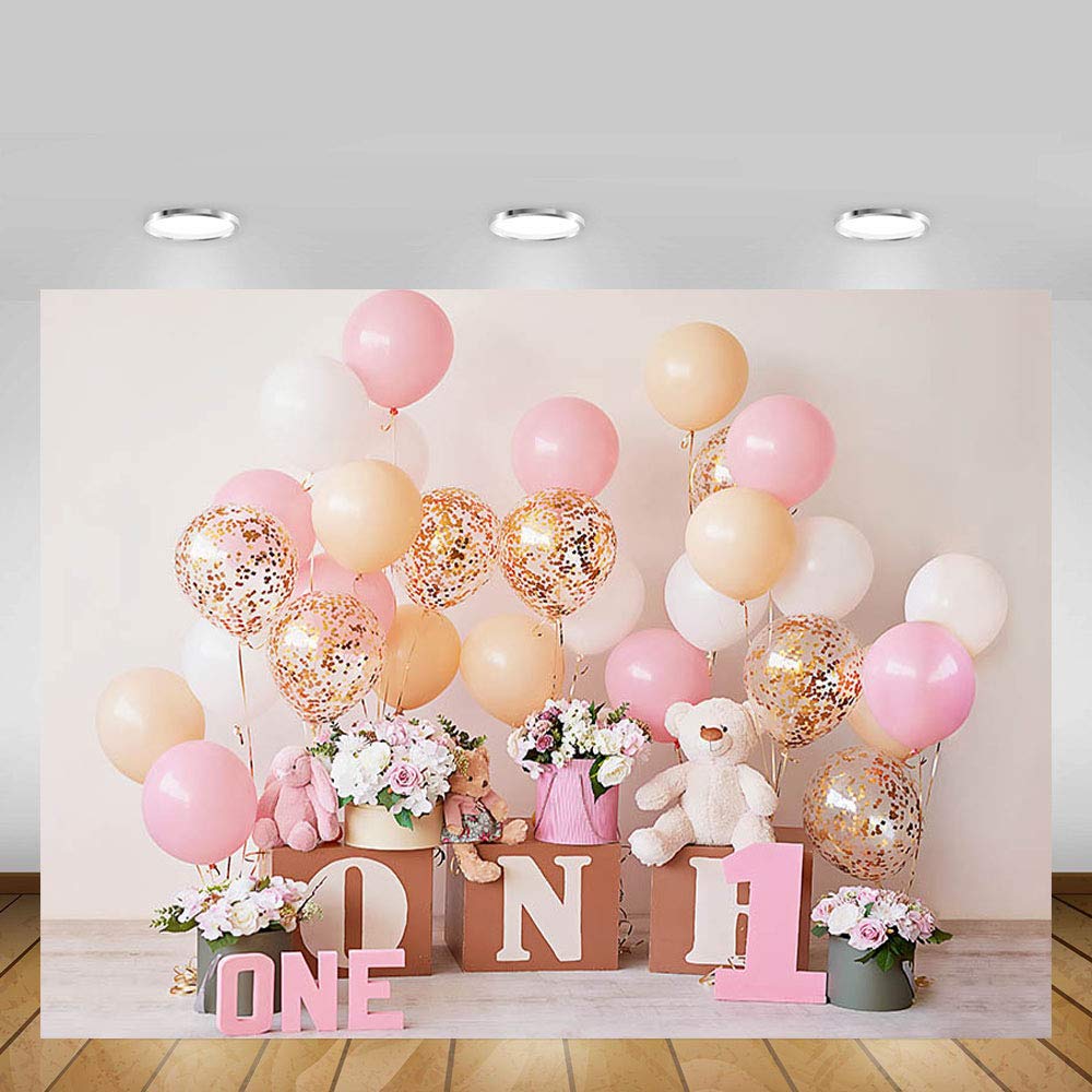 MEHOFOND 7x5ft Pink Gold Balloon First Birthday Party Backdrops for Baby Girl Sweet One Floral Photography Background Portrait Photo Studio Decoration Photo Banner Props for Cake Smash