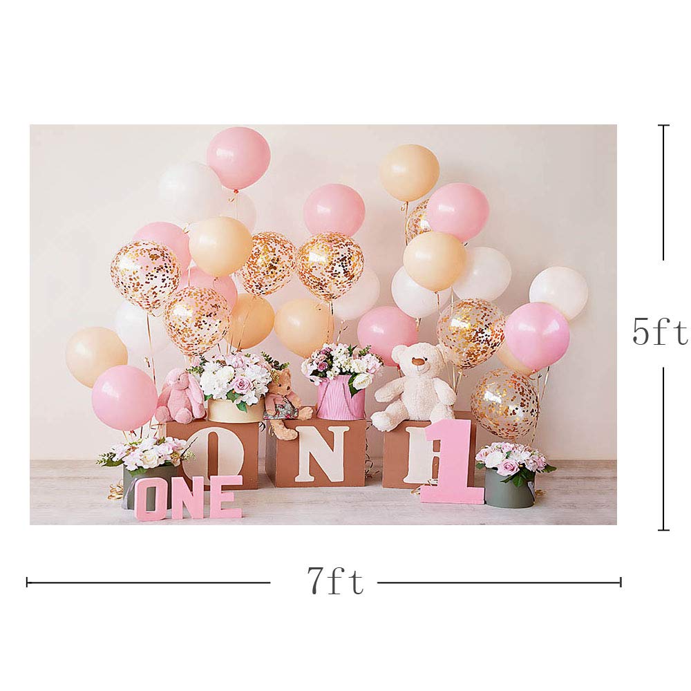 MEHOFOND 7x5ft Pink Gold Balloon First Birthday Party Backdrops for Baby Girl Sweet One Floral Photography Background Portrait Photo Studio Decoration Photo Banner Props for Cake Smash