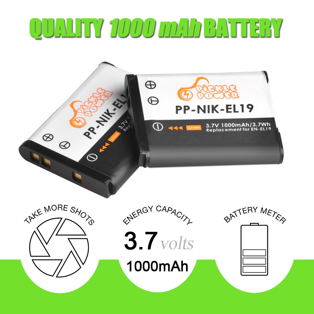 Pickle Power EN-EL19 NP-BJ1 Battery and LED USB Charger Compatible with Nikon Coolpix S32 S33 S100 S2800 S3100 S3200 S3300 S3500 S3600 S3700 S4100 S4200 S4300 S5200 S5300 S6500 S6600 S6800 S6900 S7000