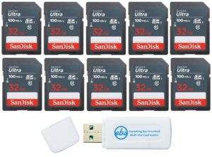 sandisk 32gb ultra sd memory card (10 pack) sdhc uhs-i card 100 mb/s class 10 (sdsdunr-032g-gn3in) bundle with (1) everything but stromboli microfiber cloth & sd/micro card reader