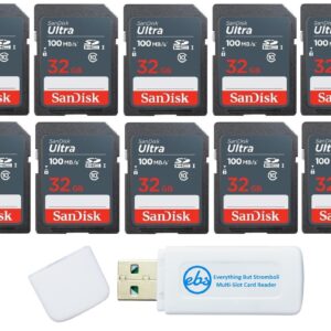 SanDisk 32GB Ultra SD Memory Card (10 Pack) SDHC UHS-I Card 100 MB/s Class 10 (SDSDUNR-032G-GN3IN) Bundle with (1) Everything But Stromboli Microfiber Cloth & SD/Micro Card Reader