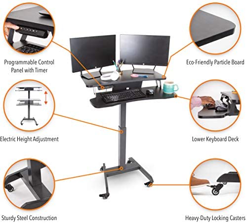 Stand Steady Cruizer Premier Rolling Electric Podium Desk - Height Adjustable, Mobile Standing Desk with Wheels, Keyboard Tray, Programmable Control, Compact Design for Office, School, Home (Black)