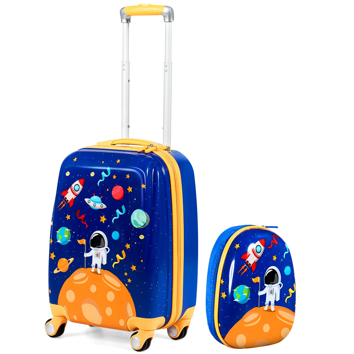 Goplus Kids Luggage Set, 12" & 18" Kids Carry On Luggage Set, Multi-directional Wheels Suitcase, Large Capacity Rolling Trolley Suitcase, Gift for Boys and Girls Toddlers Children Travel (Universe)