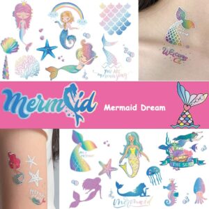 ooopsi mermaid party supplies temporary tattoos for kids - 7 large sheet, 100+ glitter styles, mermaid party favors and birthday decorations for children girls