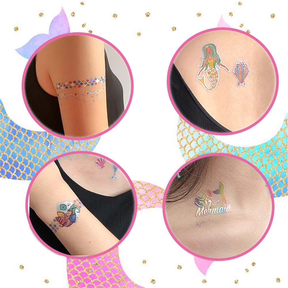 Ooopsi Mermaid Party Supplies Temporary Tattoos for Kids - 7 Large Sheet, 100+ Glitter Styles, Mermaid Party Favors and Birthday Decorations for Children Girls