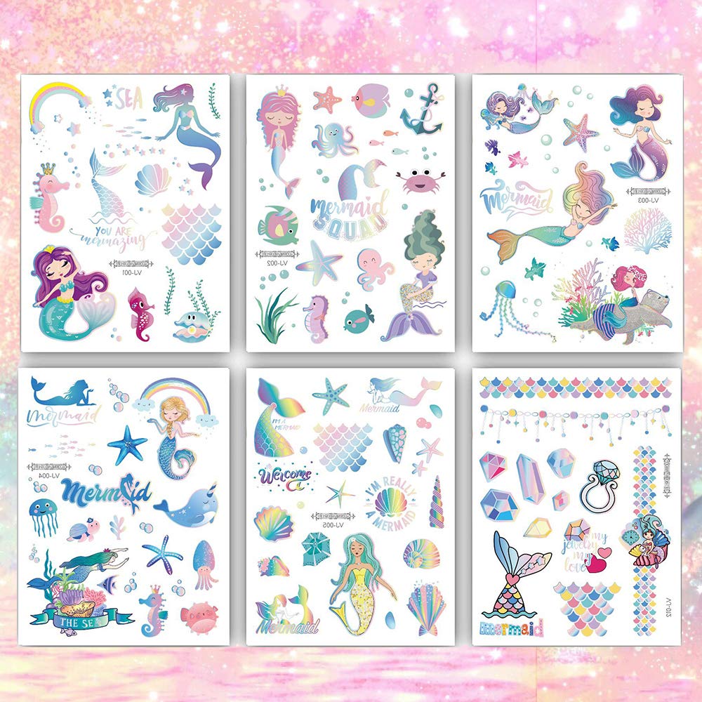 Ooopsi Mermaid Party Supplies Temporary Tattoos for Kids - 7 Large Sheet, 100+ Glitter Styles, Mermaid Party Favors and Birthday Decorations for Children Girls