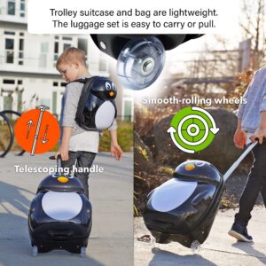 KIDDIETOTES Kids Carry-on Upright Luggage Suitcase and Backpack Set - Smooth Rolling Wheels - Penguin