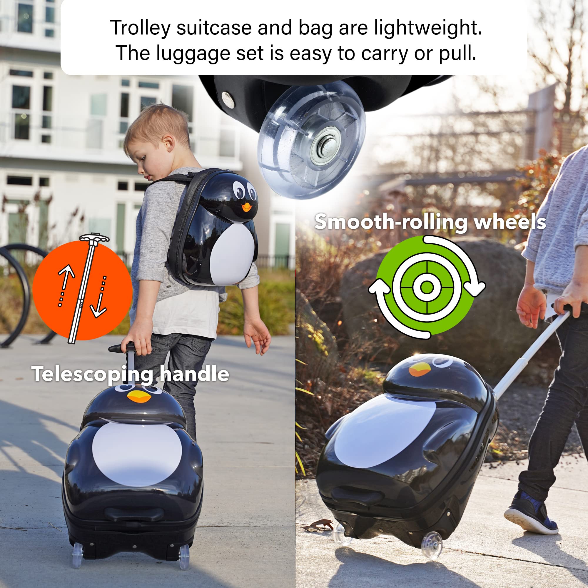 KIDDIETOTES Kids Carry-on Upright Luggage Suitcase and Backpack Set - Smooth Rolling Wheels - Penguin