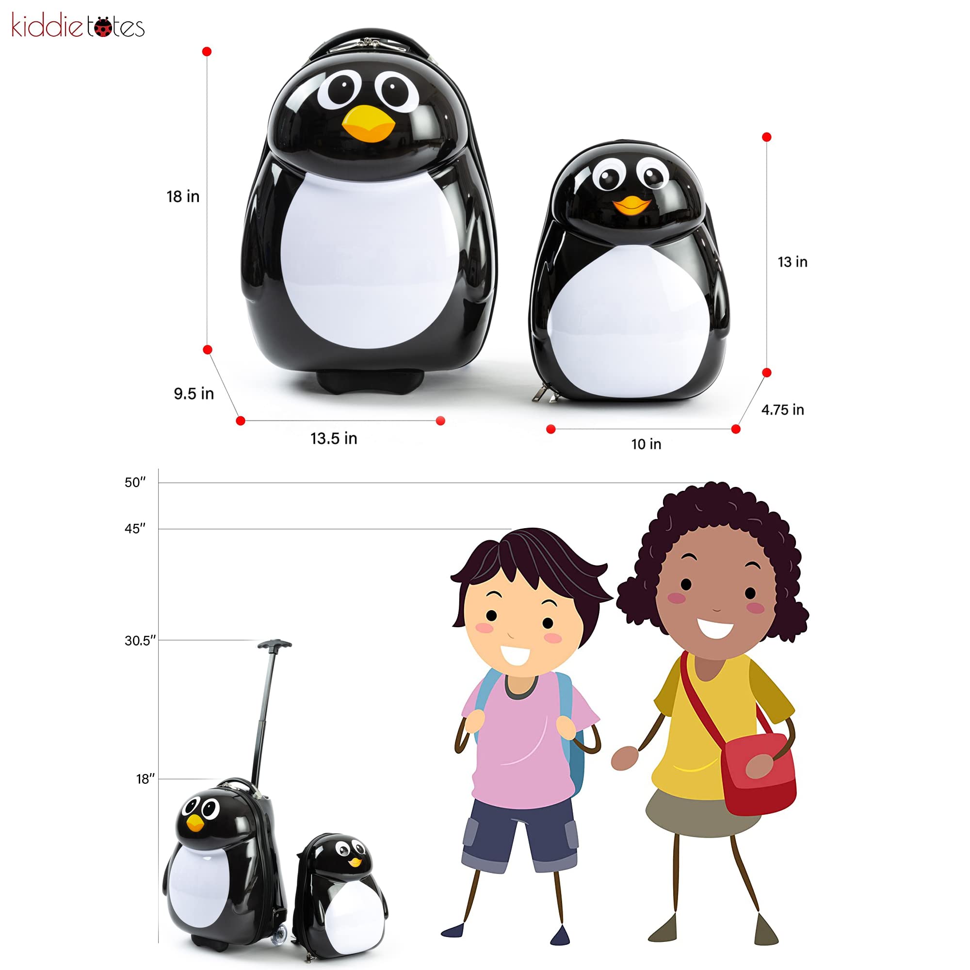 KIDDIETOTES Kids Carry-on Upright Luggage Suitcase and Backpack Set - Smooth Rolling Wheels - Penguin