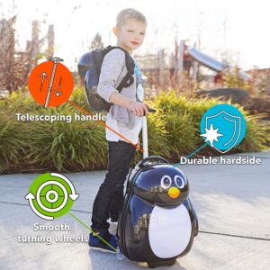 KIDDIETOTES Kids Carry-on Upright Luggage Suitcase and Backpack Set - Smooth Rolling Wheels - Penguin